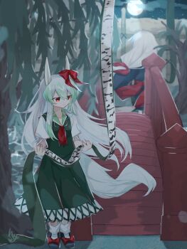 Rule 34 | 2girls, back bow, black shoes, blue hair, blue kimono, bow, bridge, cloud, commentary request, dress, ex-keine, footwear bow, full moon, green dress, green hair, grey hair, hair bow, highres, holding, holding scroll, horn bow, horn ornament, horns, japanese clothes, jitome, kamishirasawa keine, kimono, long hair, long sidelocks, moon, multicolored hair, multiple girls, neckerchief, night, night sky, no headwear, red bow, red eyes, red neckerchief, red sash, renge kanatsuki, river, sash, scroll, shoes, short sleeves, sidelocks, sky, socks, star (sky), starry sky, touhou, tree, two-tone hair, white sleeves, white socks, willow, wooden bridge