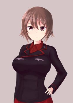 Rule 34 | 10s, 1girl, breasts, brown eyes, brown hair, cowboy shot, female focus, girls und panzer, hair between eyes, hand on own hip, highres, kuromorimine military uniform, large breasts, mattsun (choro57), nishizumi maho, smile, solo, tan background