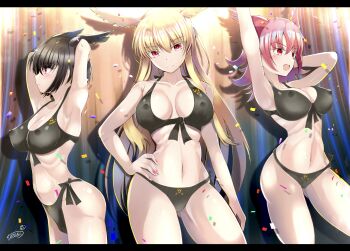 3girls armpits bikini black_bikini black_hair blonde_hair breasts cleavage confetti cowboy_shot fate/grand_order fate_(series) female_pubic_hair hand_on_own_hip highres hildr_(fate) large_breasts letterboxed long_hair multicolored_background multiple_girls muni_nuren navel nipples nude open_mouth ortlinde_(fate) pink_hair pubic_hair pussy red_eyes smile swimsuit take_your_pick thrud_(fate) valkyrie_(fate)