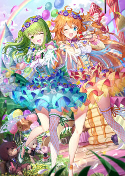 2girls :d ahoge ankle_strap aqua_dress balloon blue_eyes blue_flower blurry blush bomb bow box breasts center_frills cloud collarbone cross-laced_clothes cross-laced_dress crossed_bangs depth_of_field dot_nose dress dress_flower earrings explosive falling_petals fishnet_thighhighs fishnets flats floating_hair flower flower_wreath food frilled_gloves frilled_thighhighs frills fruit gift gift_box gloves green_bow green_eyes green_hair green_ribbon halter_dress halterneck hands_up highres holding holding_microphone idol_clothes jewelry knees_together_feet_apart layered_dress long_hair long_sidelocks looking_at_viewer matanonki medium_breasts microphone morinaka_kazaki multiple_girls neck_ribbon nijisanji official_art one_eye_closed open_mouth orange_bow orange_dress orange_hair otogibara_era outstretched_arm oversized_food oversized_object palace pancake pancake_stack petals petit_fleurs_outfit pink_bow pink_flower pink_petals pink_ribbon purple_flower purple_sky rainbow reaching reaching_towards_viewer ribbon see-through_skirt_layer shoes short_dress sidelocks single_thighhigh sky smile sparkle standing standing_on_one_leg strawberry stuffed_animal stuffed_toy swept_bangs teddy_bear thighhighs underbust very_long_hair virtual_youtuber white_flower white_gloves white_shoes white_thighhighs wireless_microphone yellow_flower yellow_petals