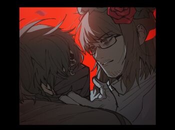 2boys absurdres alternate_costume bags_under_eyes beard_stubble belt black-framed_eyewear black-framed_glasses black_border black_eyes black_hair border brown_eyes brown_hair capelet close-up covered_mouth crown_of_thorns dress e.g.o_(project_moon) eye_contact face-to-face facial_hair facing_another flower flower_wreath formal_clothes from_side garden_of_thorns_(e.g.o) glasses gloves grabbing_another's_chin gregor_(project_moon) hair_between_eyes hair_flower hair_ornament hair_vines hairband half-closed_eyes hand_on_another's_chin hand_on_another's_face hand_up head_wreath highres limbus_company long_hair long_sleeves looking_at_another looking_down looking_up male_bride male_focus mask messy_hair meursault_(project_moon) mouth_mask multiple_boys official_alternate_costume parted_bangs parted_lips petals plant portrait profile project_moon red_background red_flower red_rose regret_(e.g.o) rose rose_petals semi-rimless_eyewear short_hair sidelocks simple_background straitjacket stubble thorns under-rim_eyewear upper_body vines white_capelet white_dress white_gloves yaoi