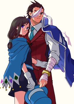 1boy 1girl ace_attorney apollo_justice bandage_over_one_eye bandaged_arm bandaged_hand bandages bandana bandana_around_neck belt black_dress blue_belt blue_cape blue_eyes blue_hat blue_necktie bracelet brown_eyes brown_hair cape club_(shape) collared_shirt commentary_request cowboy_shot diamond_(shape) dress gloves hat heart highres holding holding_unworn_clothes holding_unworn_hat jewelry long_hair looking_at_viewer looking_back low-tied_long_hair necktie one_eye_covered pants phoenix_wright:_ace_attorney_-_dual_destinies ragi_(od6fine) red_bandana red_pants red_vest shirt simple_background spade_(shape) top_hat trucy_wright turning_head unworn_hat unworn_headwear vest white_background white_gloves white_shirt