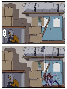 1boy 1girl :d ahoge animal_ears black_pants bow bowtie box brown_hair brown_shoes commentary_request ear_ornament gran_alegria_(umamusume) gym_storeroom hair_between_eyes hair_ornament horse_ears horse_girl horse_tail landing loafers long_sleeves looking_at_another namuu250bunbun on_one_knee open_mouth pants pleated_skirt purple_serafuku purple_shirt sailor_collar sailor_shirt school_uniform serafuku shirt shoes sitting skirt smile superhero_landing sweater t-head_trainer_(umamusume) tail tracen_school_uniform trainer_(umamusume) trimmed_tail umamusume white_bow white_bowtie white_shirt x_hair_ornament yellow_sweater