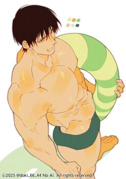 Rule 34 | 1boy, 2025, abs, bara, barefoot, black hair, color guide, commentary request, copyright notice, doki (doki 66 44), fushiguro touji, green eyes, green male swimwear, highres, holding, jujutsu kaisen, large pectorals, male focus, male swimwear, muscular, muscular male, object request, pectorals, short hair, solo, thighs, white background
