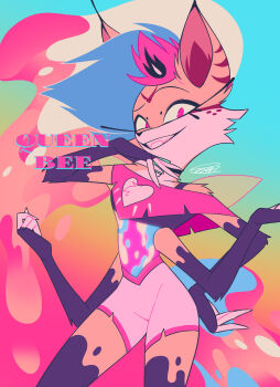 1girl :d absurdres aqua_background beelzebub_(helluva_boss) black_camisole black_gloves black_thighhighs camisole character_name cleavage_cutout clothing_cutout commentary_request cowboy_shot crop_top cropped_shirt elbow_gloves extra_arms fangs fewer_digits fox_girl freckles furry furry_female gloves gradient_background grin hand_on_own_chin hand_on_own_hip heart_cutout hellaverse helluva_boss highres lower_eyelashes_only menma_(enaic31) open_mouth orange_background orange_fur pink_eyes pink_shorts raised_eyebrow short_shorts short_sleeves shorts signature simple_background smile solo standing thighhighs yellow_background