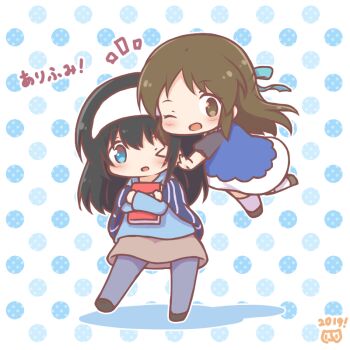 >_o 2019 2girls :d ;d black_hair black_shoes blue_bow blue_dress blue_eyes blue_shirt blush book bow brown_eyes brown_hair brown_skirt chibi colored_shadow commentary_request dress grey_pantyhose hair_between_eyes hair_bow hairband hugging_object idolmaster idolmaster_cinderella_girls long_hair mitarashi_neko multiple_girls notice_lines one_eye_closed open_mouth pantyhose polka_dot polka_dot_background sagisawa_fumika shadow shirt shoes skirt smile socks tachibana_arisu translation_request very_long_hair white_background white_hairband white_socks