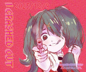 Rule 34 | 1girl, :d, aiming, aiming at viewer, ame-chan (needy girl overdose), bigmanskeeter, black eyes, cigar, diagonal bangs, dithering, english text, grabbing own hair, gun, hair over one eye, handgun, heart, heart-shaped pupils, highres, holding, holding gun, holding own hair, holding weapon, looking at viewer, neck ribbon, needy girl overdose, open mouth, portrait, red shirt, ribbon, shirt, short twintails, smile, smoke, smoke trail, smoking, symbol-shaped pupils, twintails, weapon