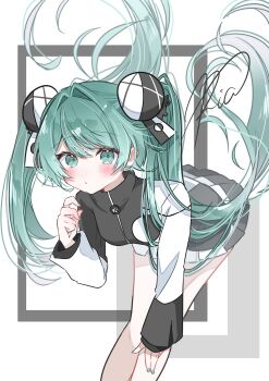 Rule 34 | 1girl, absurdres, aqua eyes, aqua hair, aqua nails, black shirt, black skirt, blush, bun cover, colored skin, commentary request, double bun, floating hair, hair bun, hatsune miku, hatsune miku (conflict), highres, leaning forward, long hair, looking at viewer, miniskirt, multicolored skin, nail polish, pleated skirt, project diva (series), ria art, shirt, signature, skirt, solo, twintails, two-tone shirt, ura-omote lovers (vocaloid), vocaloid, white shirt, white skirt