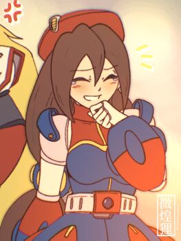 1girl blush iris_(mega_man) laughing mechanical_arms mega_man_(series) mega_man_x_(series) rakun.ex