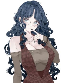 1girl apolonia-07 blue_eyes blue_hair blush breasts danganronpa_(series) danganronpa_v3:_killing_harmony earrings fingernails glasses highres ibispaint_(medium) jewelry large_breasts long_hair long_sleeves looking_at_viewer open_mouth shirogane_tsumugi simple_background smile
