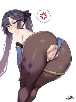 1girl absurdres anger_vein anus ass bare_shoulders bent_over black_gloves black_hair blue_leotard blush brown_pantyhose choker detached_sleeves earrings genshin_impact gloves gold_trim green_eyes highleg highleg_leotard highres jewelry leotard long_hair looking_at_viewer looking_back mona_(genshin_impact) nazara774 pantyhose pout pussy solo spoken_anger_vein star_(symbol) star_earrings thighlet thighs torn_clothes torn_pantyhose twintails