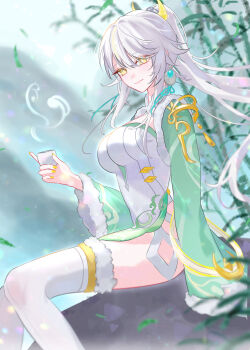 1girl absurdres china_dress chinese_clothes closed_mouth commentary_request crescent crescent_hair_ornament cup dress floating_hair genshin_impact hair_ornament high_ponytail highres holding holding_cup long_sleeves looking_at_viewer mixed-language_commentary multicolored_hair outdoors ponytail sitting smile solo ssamsa0404 thighhighs white_dress white_hair white_thighhighs yellow_eyes yellow_nails zibai_(genshin_impact)