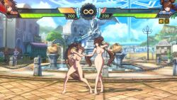 2girls 3d animated breasts brown_eyes brown_hair dnf_duel dungeon_and_fighter female_fighter_(dungeon_and_fighter) female_nen_master_(dungeon_and_fighter) female_striker_(dungeon_and_fighter) hair_bun highres multiple_girls nipples nude nude_filter nude_mod ponytail red_eyes sound tagme third-party_edit twintails video