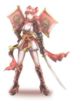 1girl armor black_choker black_gloves black_sandals black_socks blunt_bangs bow breasts choker cleavage commentary_request fishnet_pantyhose fishnets flag flower flower_in_mouth full_body gloves hair_bow high_heel_sandals holding holding_sword holding_weapon japanese_armor japanese_clothes katana kimono kote kurokote large_breasts long_hair looking_at_viewer oboro_(ragnarok_online) pantyhose philippa pink_eyes pink_hair pointy_ears ragnarok_online red_bow red_flower sandals shin_guards short_kimono simple_background socks solo standing sword tabi vambraces weapon white_background white_kimono