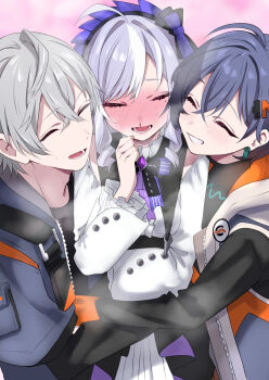 1boy 2girls ^_^ absurdres ahoge belle_(zenless_zone_zero) black_jacket blood blue_hair blue_jacket blush closed_eyes commentary_request dress grey_hair highres hug jacket long_hair long_sleeves multicolored_hair multiple_girls nosebleed open_mouth purple_hair sandwiched short_hair smile streaked_hair tonomiya68 vivian_banshee white_dress white_hair wise_(zenless_zone_zero) zenless_zone_zero