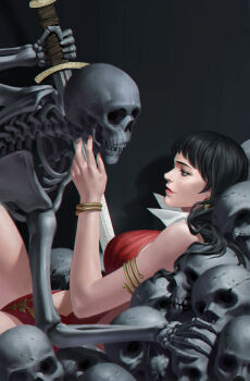 1girl 1other black_hair bracelet breasts clothing_cutout collar earrings gold_bracelet highres holding holding_sword holding_weapon jewelry large_breasts long_hair looking_at_another lying navel_cutout on_back one-piece_swimsuit red_one-piece_swimsuit skeleton skull swimsuit sword vampirella vampirella_(character) weapon white_collar yoon_junggeun