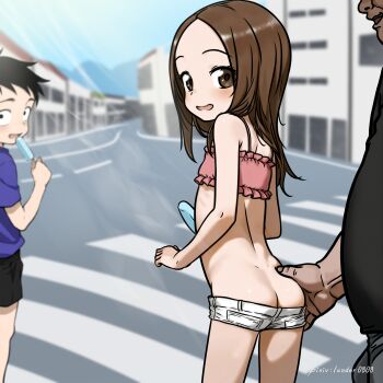 1girl 2girls absurdres age_difference ass ass_grab bad_tag black_hair blush brown_eyes brown_hair bulge butt_crack erection erection_under_clothes fat flat_chest food groping highres holding_food holding_popsicle karakai_jouzu_no_takagi-san lander0808 loli midriff multiple_girls outdoors popsicle revealing_clothes shirt short_shorts shorts shota smile standing takagi-san tank_top