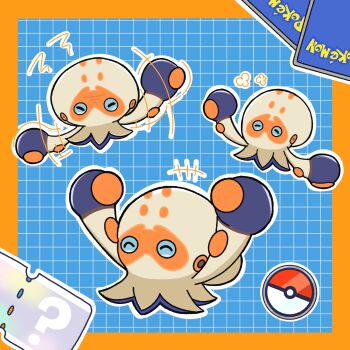 Rule 34 | +++, arms up, blue background, border, chaoolong0416, clobbopus, closed eyes, commentary request, flailing, full body, gen 8 pokemon, grid background, highres, motion lines, nintendo, no humans, orange border, outline, poke ball, poke ball (basic), poke ball symbol, pokemon, pokemon (creature), pokemon focus, tentacles, white outline