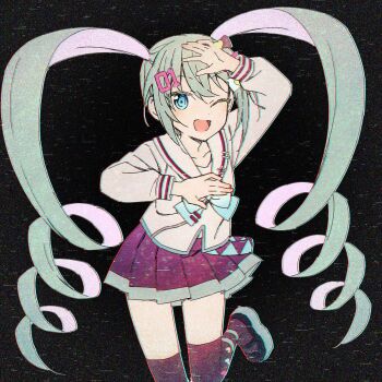 1girl aqua_eyes aqua_hair aqua_neckerchief black_background black_skirt black_thighhighs collarbone cowboy_shot drill_hair film_grain glitch hakusai_(tiahszld) hand_up hatsune_miku heart highres internet_overdose long_hair long_sleeves looking_at_viewer neckerchief number_hair_ornament one_eye_closed open_hands open_mouth sailor_collar shirt sidelocks skirt smile solo standing standing_on_one_leg static thighhighs twin_drills twintails very_long_hair vocaloid white_shirt zettai_ryouiki