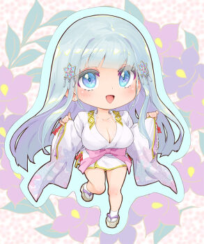 1girl bishoujo_mangekyou_(series) bishoujo_mangekyou_ibun:_yuki_onna blue_eyes blue_hair blush breasts chibi cleavage commentary_request full_body hair_ornament happoubi_jin japanese_clothes kimono large_breasts long_hair okobo open_mouth pink_sash platform_sandals sandals sash shirayuki_hime_(bishoujo_mangekyou) smile snowflake_hair_ornament solo standing standing_on_one_leg tabi white_kimono yuki_onna