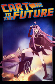 1girl alchemist_(ragnarok_online) back_to_the_future black_boots black_dress black_gloves boots breasts brown_cape cape chorvaqueen commentary dress elbow_gloves english_commentary english_text eyewear_on_head fingerless_gloves flower flower_on_head full_body fur_collar gloves highres long_hair medium_breasts open_mouth pink_flower pink_hair pullcart ragnarok_online red_eyes sack short_dress solo strapless strapless_dress sunglasses