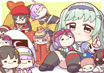 6+girls absurdres ahoge chibi date_akari green_hair hairband hatodokei heaven_burns_red highres ishii_iroha looking_at_viewer mask mikoto_fubuki mizuhara_aina multiple_girls murohushi_risa needle nikaidou_misato pink_hair sewing sewing_needle stuffed_toy