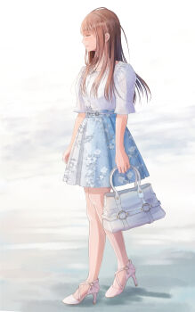 Rule 34 | 1girl, bad id, bad pixiv id, blue skirt, blush, brown hair, closed eyes, female focus, floral print, full body, gradient background, hair over shoulder, heart, heart necklace, high heels, highres, jewelry, kataguchi iwashi, long sleeves, necklace, original, pleated skirt, pocketbook, shirt, short sleeves, skirt, smile, solo, white footwear, white shirt