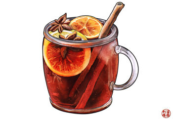 alcohol art_neverath artist_logo cinnamon_stick commentary drink english_commentary food fruit highres lemon lemon_slice logo no_humans orange_(fruit) orange_slice original procreate_(medium) simple_background white_background wine