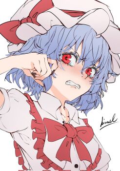 1girl artist_name bow bowtie clenched_teeth frilled_hat frills hair_between_eyes hand_up hat hat_bow highres mob_cap nail_polish nuru_himmel parted_lips pink_hat pink_skirt red_bow red_bowtie red_eyes red_nails remilia_scarlet short_hair signature simple_background skirt solo tearing_up teeth touhou white_background