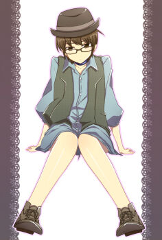 Rule 34 | 1boy, arm support, b (kana0816), blue collar, blue shirt, brown-framed eyewear, brown eyes, brown hair, brown hat, brown shoes, closed mouth, collar, collarbone, collared shirt, commentary request, dot nose, expressionless, full body, glasses, grey vest, hat, head tilt, highres, invisible chair, kami nomi zo shiru sekai, katsuragi keima, knees together feet apart, looking at viewer, looking over eyewear, male focus, no pants, open clothes, open collar, open vest, outline, outside border, pillarboxed, pink outline, shirt, shoes, short hair, simple background, sitting, solo, three-quarter sleeves, vest, white background