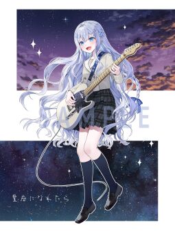 1girl :d black_shoes black_skirt black_socks blue_eyes blue_hair blush character_request cloud commentary_request copyright_request ctd_114 double-parted_bangs electric_guitar evening full_body grey_jacket guitar hair_between_eyes highres holding holding_guitar holding_instrument instrument jacket kneehighs long_hair long_sleeves open_mouth outdoors outline plaid_clothes plaid_skirt pleated_skirt sample_watermark shoes skirt sky smile socks solo sparkle standing star_(sky) starry_sky watermark white_outline