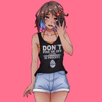 1girl artist_self-insert black_tank_top blue_nails blue_shorts brown_hair cowboy_shot dark-skinned_female dark_skin english_text flower food-themed_hair_ornament gender_transitioning hair_ornament highres looking_at_viewer medium_hair megumo meme no_eyewear orange_eyes orange_hair_ornament original pink_background red_flower shorts smile standing tank_top transgender_flag you_look_like_just_enough_xp_(meme)