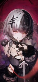 1girl :q absurdres akiyama_kou belt black_belt black_choker black_dress black_gloves black_hair black_jacket black_nails blurry blurry_foreground breasts chest_belt choker commentary dress fingerless_gloves fur-trimmed_sleeves fur_trim gloves grey_hair hair_ornament heart heart_in_eye highres holding holding_leash holding_scissors hololive hololive_english jacket jewelry large_breasts leash long_hair looking_at_viewer multicolored_hair multiple_rings nail_polish open_clothes open_jacket pov ring scissors shiori_novella shiori_novella_(1st_costume) solo split-color_hair striped_arm_warmers striped_clothes striped_gloves symbol-only_commentary symbol_in_eye tongue tongue_out two-tone_hair upper_body very_long_fingernails viewer_on_leash virtual_youtuber yellow_eyes yorick_(shiori_novella)