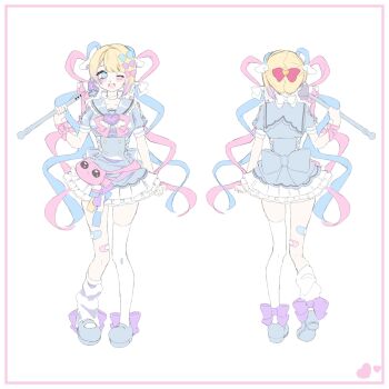 1girl ;d animal_bag bandage_on_leg blonde_hair blue_dress blue_eyes blue_hair blue_sandals blunt_bangs blush bow cat_bag chouzetsusaikawa_tenshi-chan colored_tips dress frilled_dress frills front_and_back full_body hair_bow highres hn_ost holding holding_wand multicolored_hair multiple_hair_bows needy_girl_overdose one_eye_closed open_mouth pien_cat_(needy_girl_overdose) pink_hair quad_tails sandals smile socks solo standing standing_on_one_leg thighhighs wand white_socks white_thighhighs zettai_ryouiki