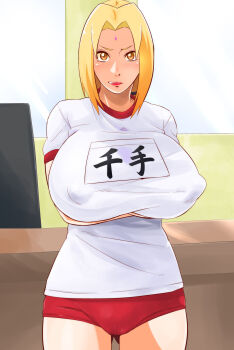 1girl blonde_hair breasts closed_mouth covered_erect_nipples female_focus gym_uniform highres huge_breasts japanese_text naruto_(series) panties sahara_wataru short_hair smile source_request text_focus translation_request tsunade_(naruto) underwear yellow_eyes