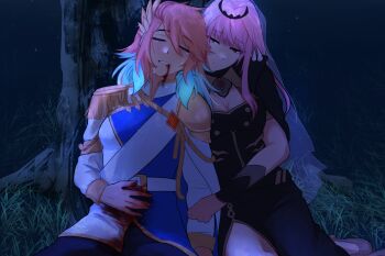 2girls absurdres alternate_costume bleeding blood blood_from_mouth blood_on_clothes blood_on_hands breasts cleavage couple crying deep_wound dress dying earrings feather_earrings feathers highres holding hololive hololive_english injury jewelry large_breasts long_hair mori_calliope mori_calliope_(1st_costume) multicolored_hair multiple_girls open_mouth orange_hair pink_hair red_eyes rei_(_silvertone) shoulder_spikes spikes takanashi_kiara tears tiara veil virtual_youtuber yuri