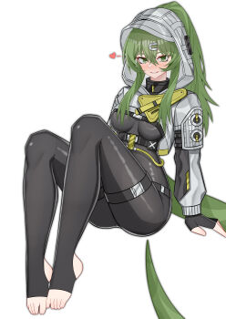 Rule 34 | 1girl, absurdres, arknights, arknights: endfield, arm support, black bodysuit, black gloves, bodysuit, breasts, commentary request, fingerless gloves, fluorite (arknights), full body, gloves, green eyes, green hair, grey shrug, grin, hair between eyes, heart, highres, hood, hood up, hooded shrug, long hair, long sidelocks, medium breasts, muusn, ponytail, shrug (clothing), sidelocks, sitting, smile, snake girl, snake tail, solo, stirrup legwear, tail, toeless bodysuit, toeless legwear, white background