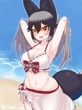 1girl absurdres animal_ears bare_shoulders beach bikini black_hair blush bow bow_bikini cowboy_shot fox_ears fox_girl fox_tail grey_hair hair_between_eyes hand_in_own_hair highres itoma_yuko kemono_friends kemono_friends_3 long_hair looking_at_viewer midriff multicolored_hair navel ocean official_alternate_costume open_mouth orange_eyes red_trim sarong sidelocks silver_fox_(kemono_friends) sleeveless smile solo spaghetti_strap swimsuit tail white_bikini white_sarong
