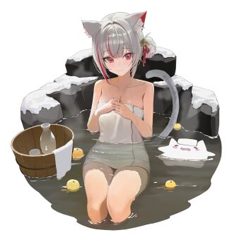 1girl absurdres afloat animal_ears breasts bucket cat_ears cat_girl cat_tail choko_(cup) commentary cup extra_ears food fruit grey_hair hair_bun highres large_breasts looking_at_viewer mandarin_orange maro_(neneko_mashiro) multicolored_hair naked_towel neneko_mashiro onsen partially_submerged red_eyes red_hair short_hair simple_background single_side_bun sitting snow stellive streaked_hair sunj000 symbol-only_commentary tail tokkuri towel towel_on_head virtual_youtuber water white_background wooden_bucket