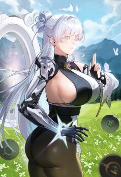 1girl absurdres ass bodysuit breasts bug butterfly colored_eyelashes goddess_of_victory:_nikke highres insect long_hair mechanical_arms mechanical_hands monk mountain multicolored_bodysuit nayuta_(nikke) outdoors sideboob single_mechanical_arm single_mechanical_hand solo split-color_clothes thick_eyelashes two-tone_bodysuit unusually_open_eyes white_eyelashes yakool