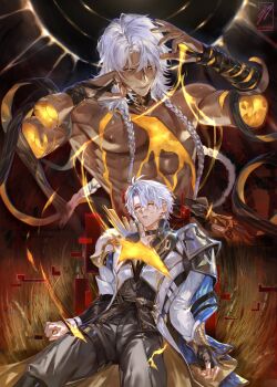 2boys absurdres antenna_hair armor black_choker braid broken_skin choker closed_mouth cracked_skin dark-skinned_male dark_skin detached_arm gold_blood highres honkai:_star_rail honkai_(series) long_hair male_focus multiple_boys muscular muscular_male nanook_(honkai:_star_rail) ocmari21140 pauldrons phainon_(honkai:_star_rail) short_hair shoulder_armor single_pauldron topless_male upper_body white_hair yellow_blood yellow_eyes