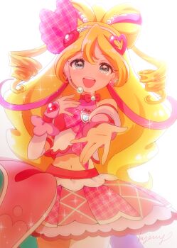 1girl arm_warmers bare_shoulders beads blonde_hair blue_eyes blush bow bow-shaped_hair bow_choker breasts choker collarbone commentary_request cowboy_shot crop_top crying crying_with_eyes_open cure_idol dated detached_sleeves drill_hair earrings hair_beads hair_between_eyes hair_ornament hair_ribbon hairband hands_up headset heart heart_earrings heart_hair_ornament idol idol_clothes idol_heart_brooch_(precure) jewelry kimi_to_idol_precure kyanos_(b_0000ff) long_hair looking_at_viewer magical_girl medium_breasts midriff multicolored_hair multiple_earrings navel open_mouth pink_bow pink_hair pink_nails pink_ribbon pink_shirt pink_skirt pink_theme pink_wrist_cuffs plaid_bow plaid_ribbon pointing pointing_at_self precure puffy_detached_sleeves puffy_sleeves reaching reaching_towards_viewer red_bow red_choker ribbon sakura_uta_(precure) scrunchie shirt shirt_bow single_arm_warmer skirt smile solo stomach streaked_hair tears teeth twintails two-tone_hair upper_teeth_only watermark white_hairband wrist_cuffs wrist_scrunchie