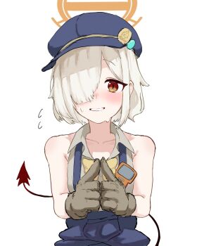 Rule 34 | 1girl, aoba (blue archive), armpit crease, bare shoulders, blue archive, blue overalls, brown eyes, brown gloves, commentary request, dejigura, demon tail, flying sweatdrops, gloves, grin, hair over one eye, halo, hat, highres, looking at viewer, overalls, own hands together, prototype design, simple background, smile, solo, tail, white background