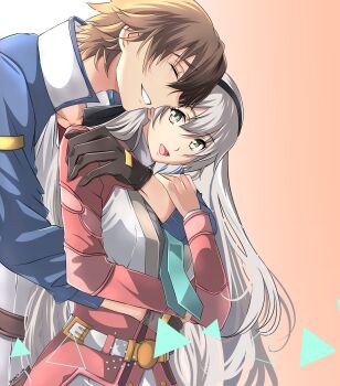 1boy 1girl ao_no_kiseki black_hairband brown_gloves brown_hair coat dog_tags eiyuu_densetsu elie_macdowell gloves green_eyes hairband highres hug hug_from_behind lloyd_bannings long_hair mullet open_mouth smile spirit_rise white_hair zero_no_kiseki