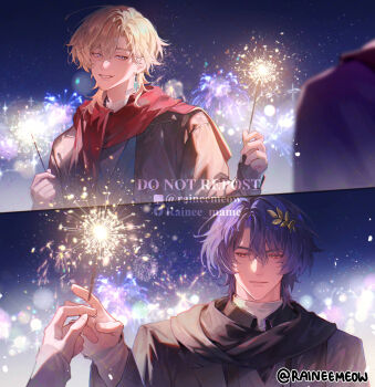 2boys aventurine_(honkai:_star_rail) black_scarf blonde_hair dr._ratio_(honkai:_star_rail) fireworks highres holding holding_fireworks honkai:_star_rail honkai_(series) long_sleeves looking_at_another male_focus multiple_boys purple_hair raineemeow red_scarf scarf smile sparkler split_screen