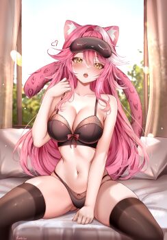 1girl absurdres animal_ears artist_name bed black_bra black_mask black_nails black_panties blush bow bow_bra bow_panties bra breasts brown_thighhighs cleavage collarbone commentary curtains day english_commentary fingernails hair_intakes heart highres hololive hololive_english indoors large_breasts long_hair looking_at_viewer mask mask_on_head multicolored_hair nail_polish navel open_mouth panther_ears panther_girl panther_tail panties pillow pink_hair pink_lips pink_tail plant raora_panthera red_bow rinkosannn sitting sleep_mask solo stomach streaked_hair tail teeth thighhighs thighs tongue underwear virtual_youtuber window yellow_eyes