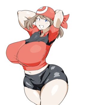1girl alternate_breast_size_(larger) bandana blue_eyes breasts brown_hair headband highres huge_breasts may_(pokemon) nintendo non-web_source pokemon pokemon_rse thick_thighs thighs usuyami