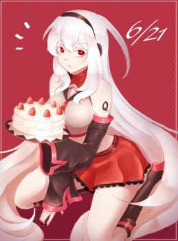1girl absurdly_long_hair arm_tattoo birthday_cake cake chanpotei commentary english_commentary food happy_birthday highres long_hair miniskirt red_skirt skirt sukone_tei tattoo turtleneck utau very_long_hair white_hair