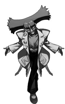 1girl baggy_pants belt blunt_bangs boots dramatic_lighting full_body gachiakuta glasses lab_coat long_coat monochrome mymo_(gachiakuta) outstretched_arms pants short_hair smug spread_arms sunglasses turtleneck villain_pose wide_sleeves
