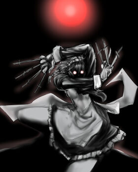 1girl alexander_anderson aura between_fingers black_lagoon dual_wielding female_focus glowing glowing_eyes hellsing highres holding izayoi_sakuya knife ledjoker07 maid maid_headdress parody roberta_(black_lagoon) scary scary_eyes solo touhou